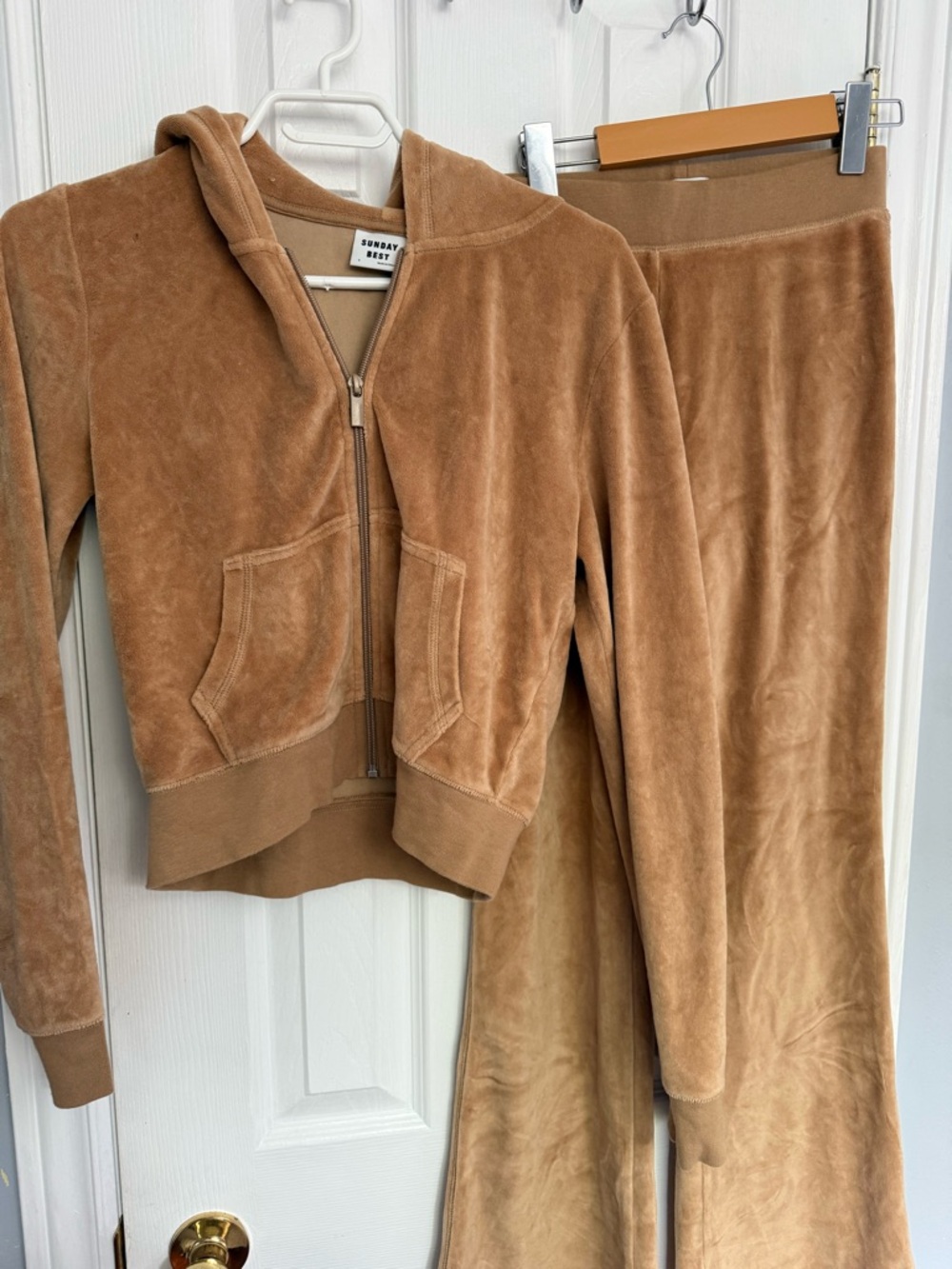 Sunday Best Velour Zip Hoodie Set - Camel Tan